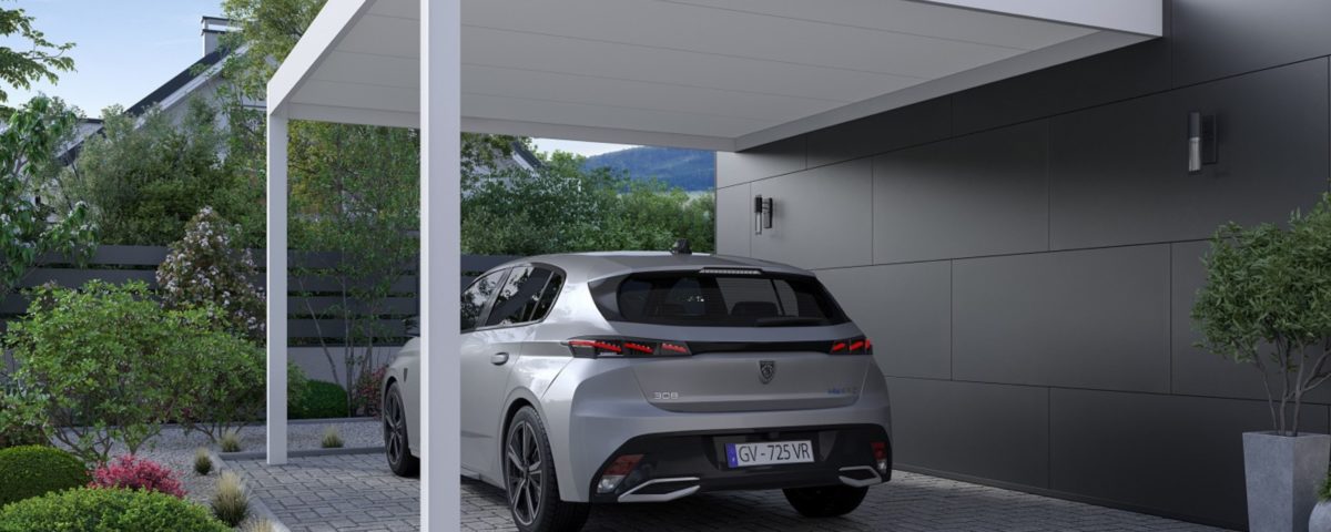 Un carport pour voiture blanc disponible pour installation par les équipes Arnaud et Blanc en Isère.