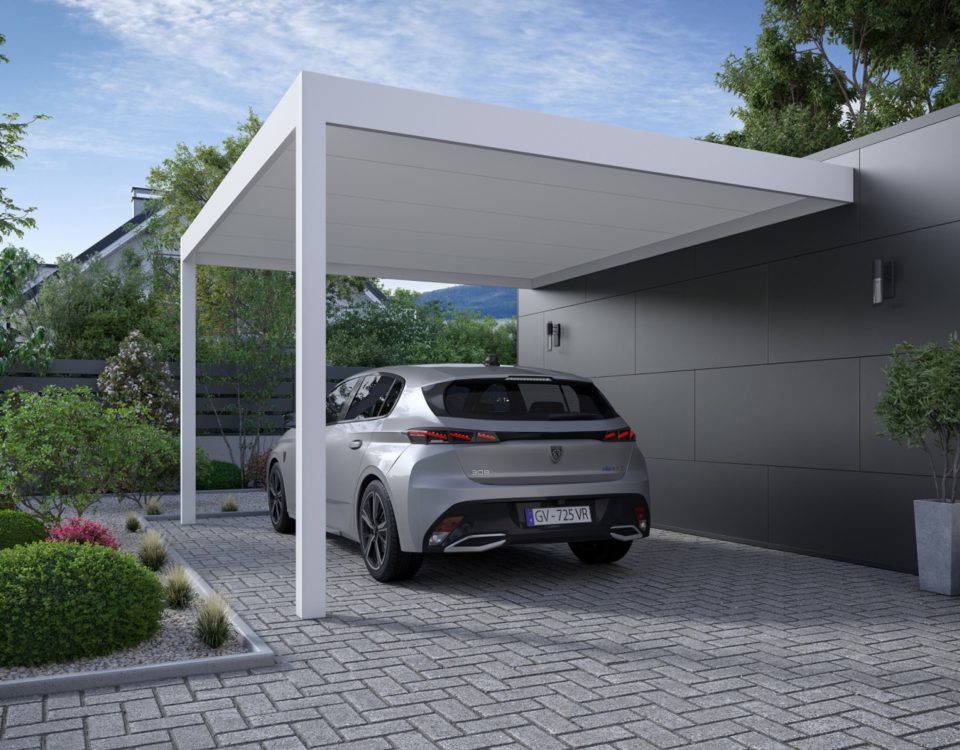 Un carport pour voiture blanc disponible pour installation par les équipes Arnaud et Blanc en Isère.