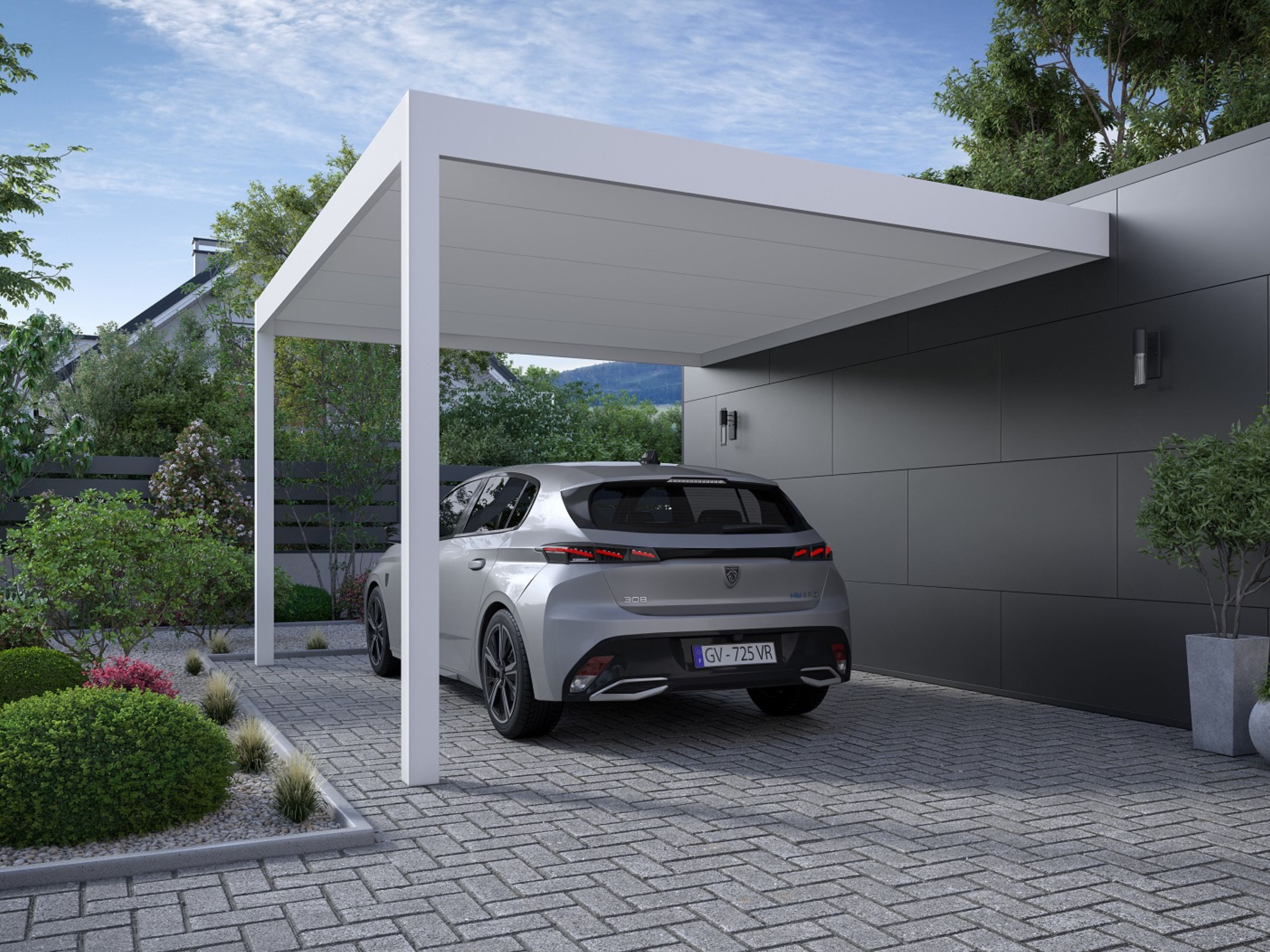 Un carport pour voiture blanc disponible pour installation par les équipes Arnaud et Blanc en Isère.