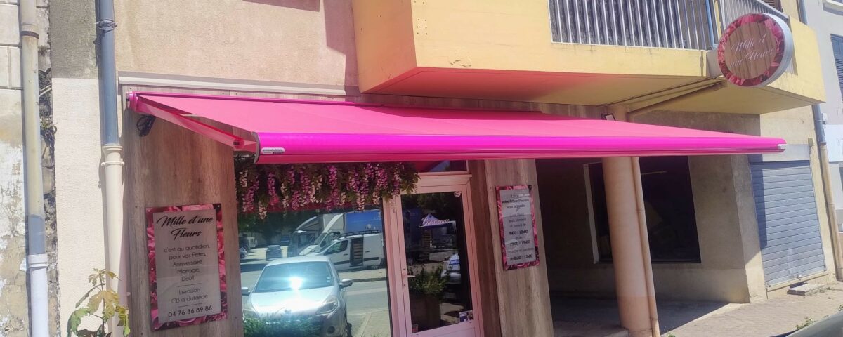 Store banne coffre Schenker alu rose chez un client professionnel par Arnaud et Blanc